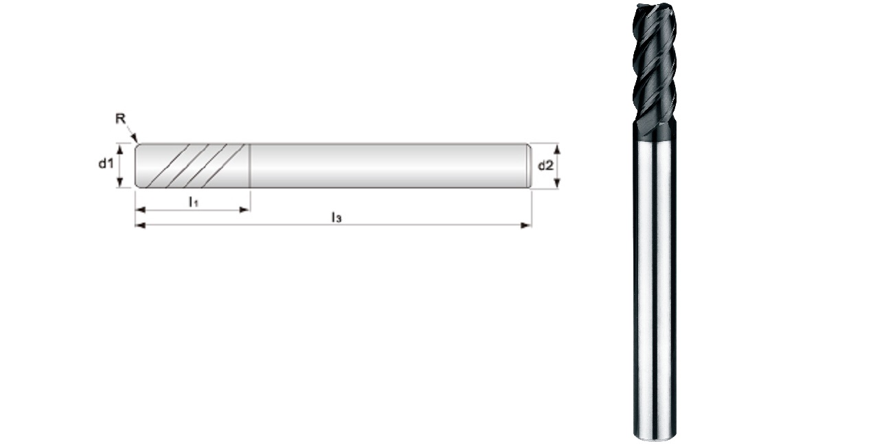 Micro Grain Carbide, Long-shank, Corner-radius, 4-flute, End Mills